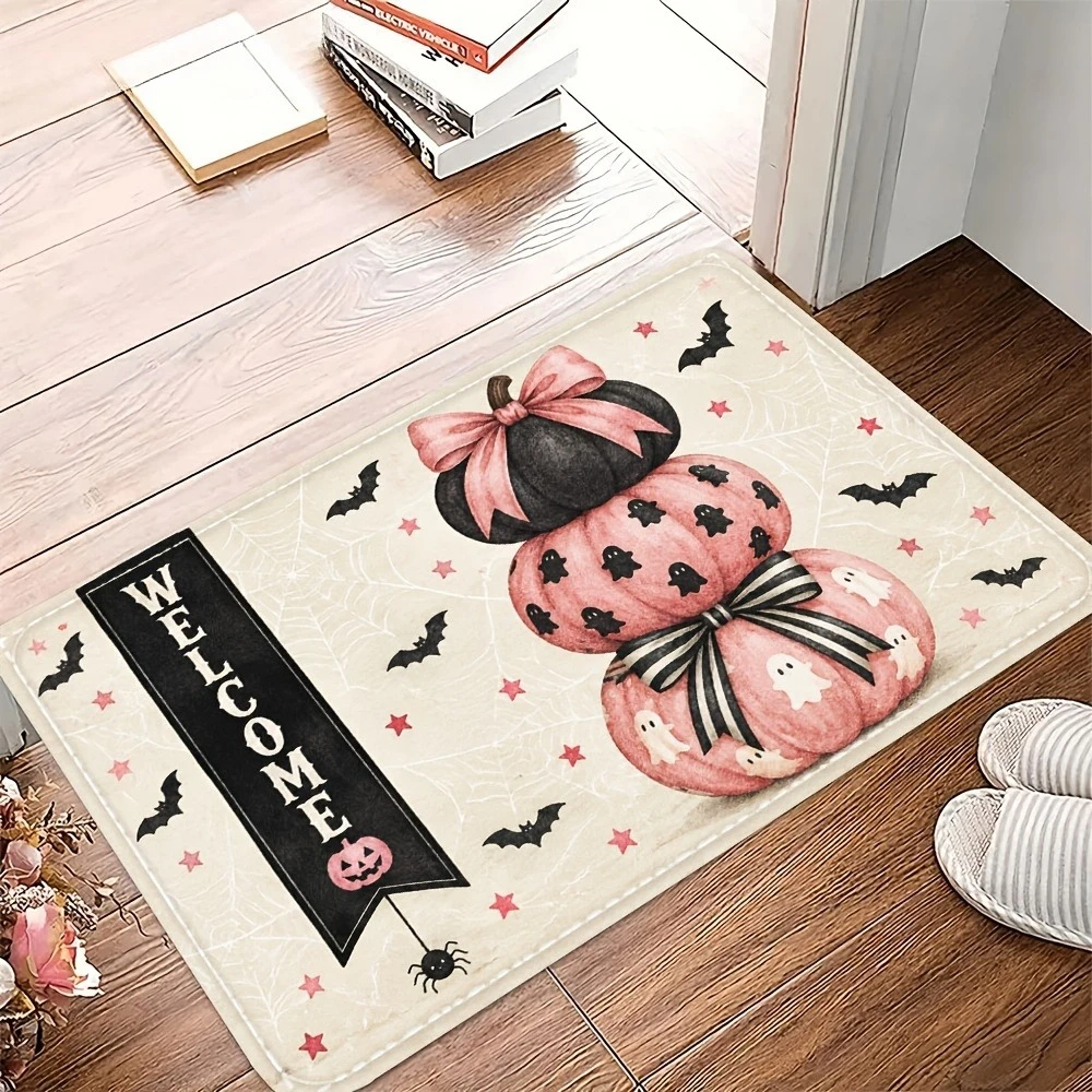 Vintage Halloween Decorative Floor Mat Welcome Stacked Pumpkin Bow Bat Spider Web Print for Home Entryway Indoor Spooky Decor
