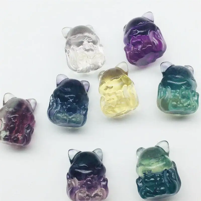 5pcs Natural Rainbow Fluorite Nine-Tailed Fox Carving Healing Crystal Crafts Reiki Stones Home Decoration & Gift Figurines