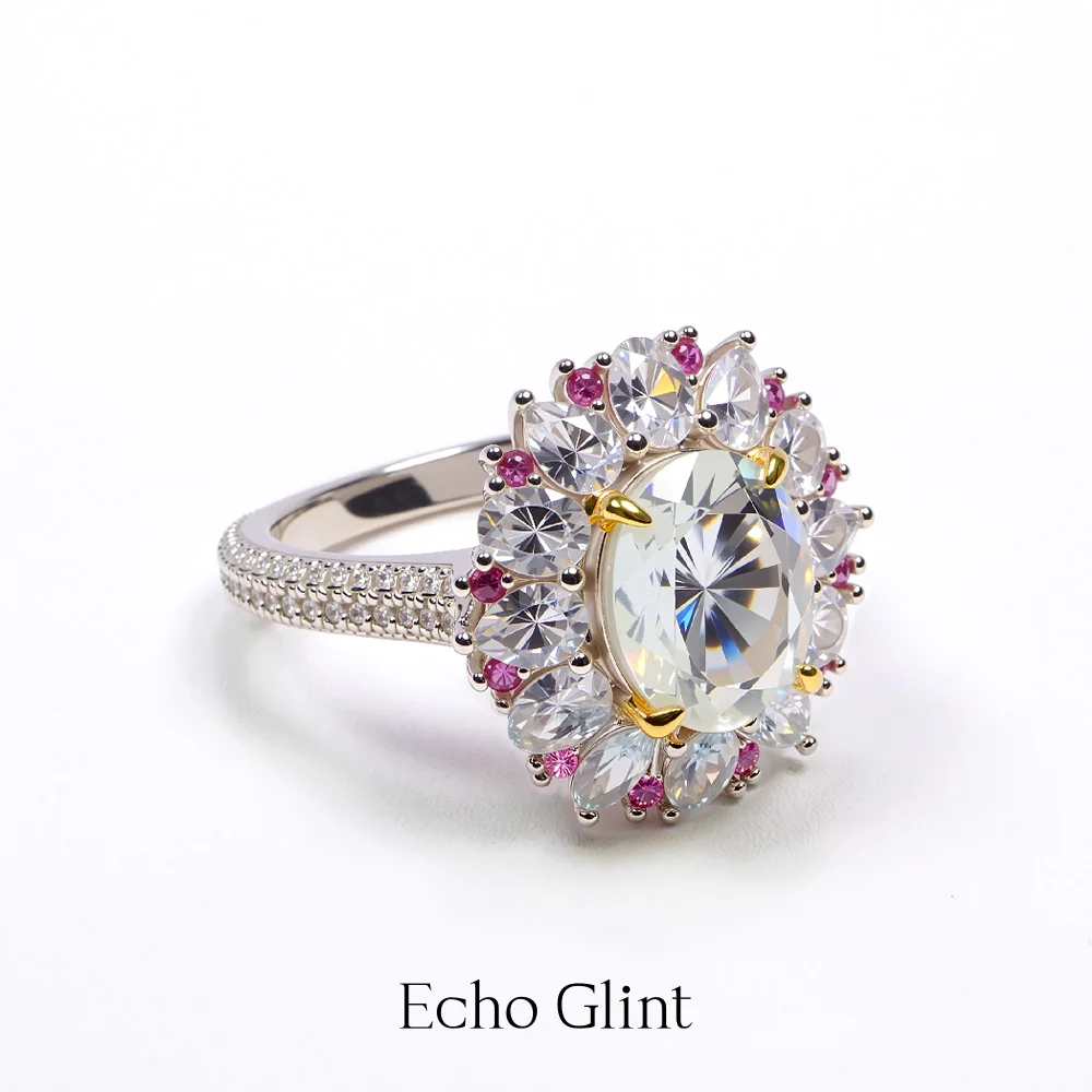    صدى جليينت 3CT مويسانيتي خواتم 925 فضة 8*10 فاخر مبالغ فيه شخصية زهرة خاتم الماس الكامل خاتم بيضاوي