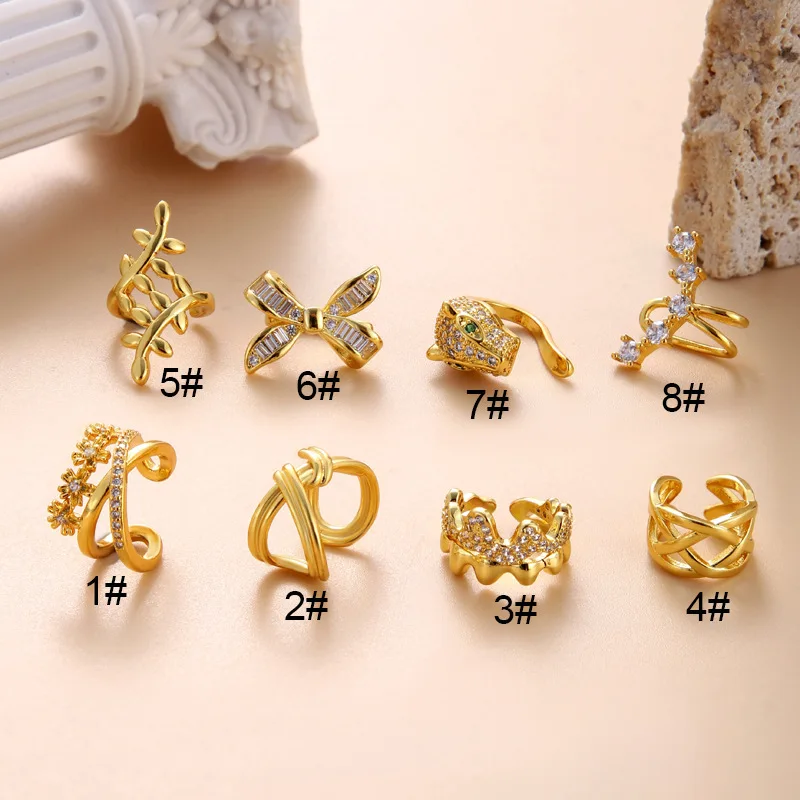 1Piece Fake Piercing Ear Clip Stainless Steel Zircon Leaf Bow Leopard U-Shaped Ear Cuff Ring Earrings for Women Piercing Jewelry