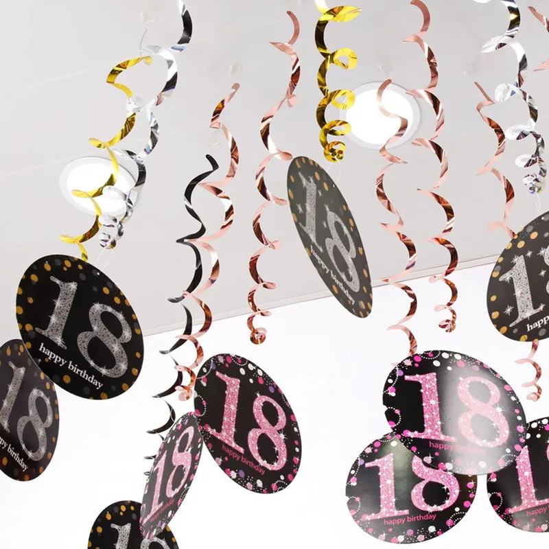 6szt PVC 18 21 30 40 50 lat Spiral Happy Birthday Swirl Hanging Ornaments Party Background Layout Decor Supplies
