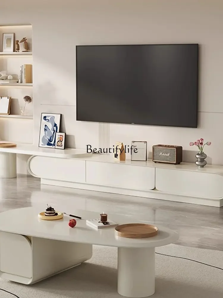 

LJYFrench Minimalist Cream Style Extendable Floor TV Cabinet Solid Wood Home Coffee Table