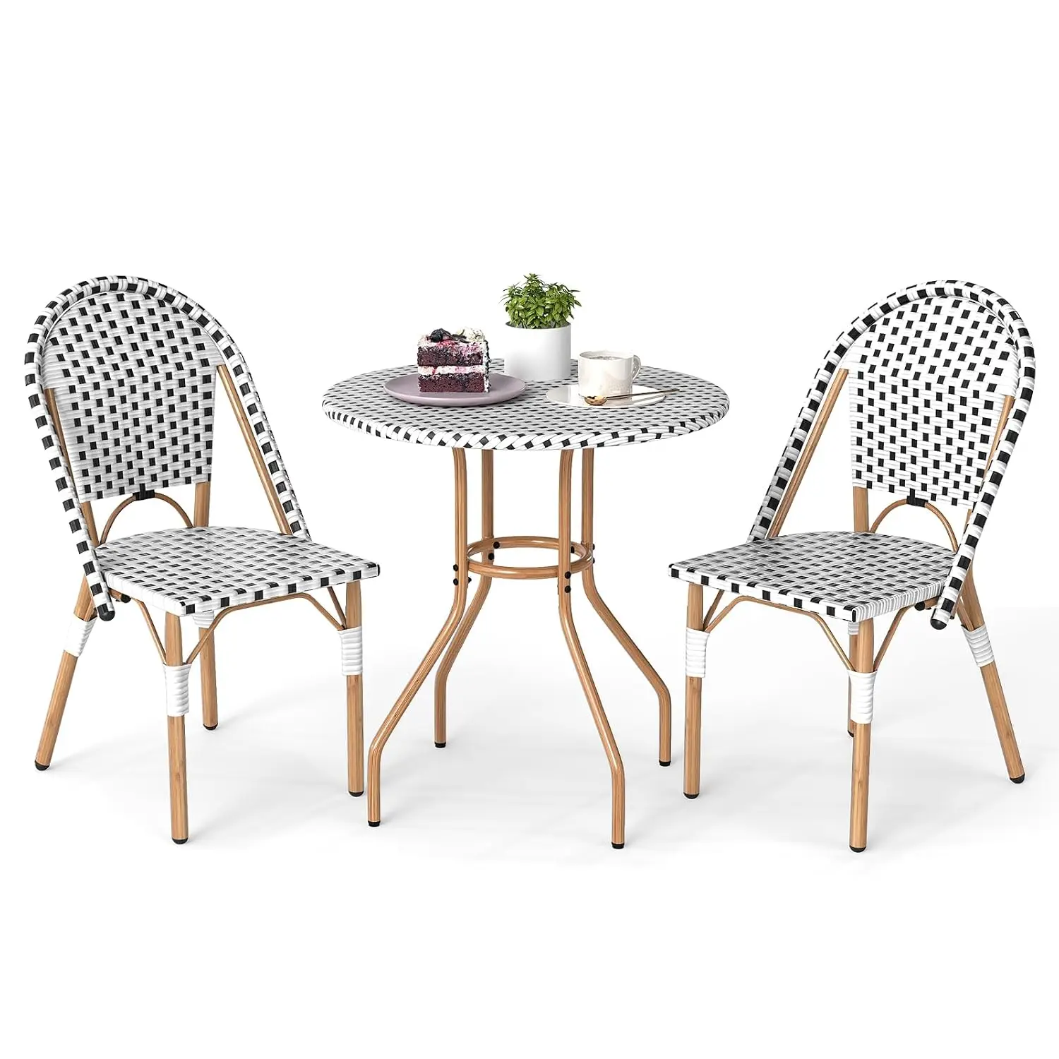 Wicker Bistro Table & 2 Chairs Set, Outdoor Round Dining Furniture With Metal Support For Garden Balcony Porch, Customized
