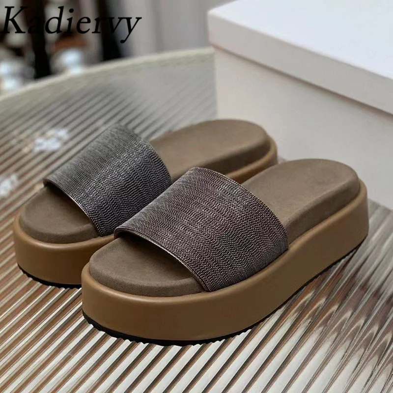 

Summer Thick Sole Slippers Women Cow Suede Flat Platform Shoes Woman String Bead Chain Slides Peep Toe Slippers Woman