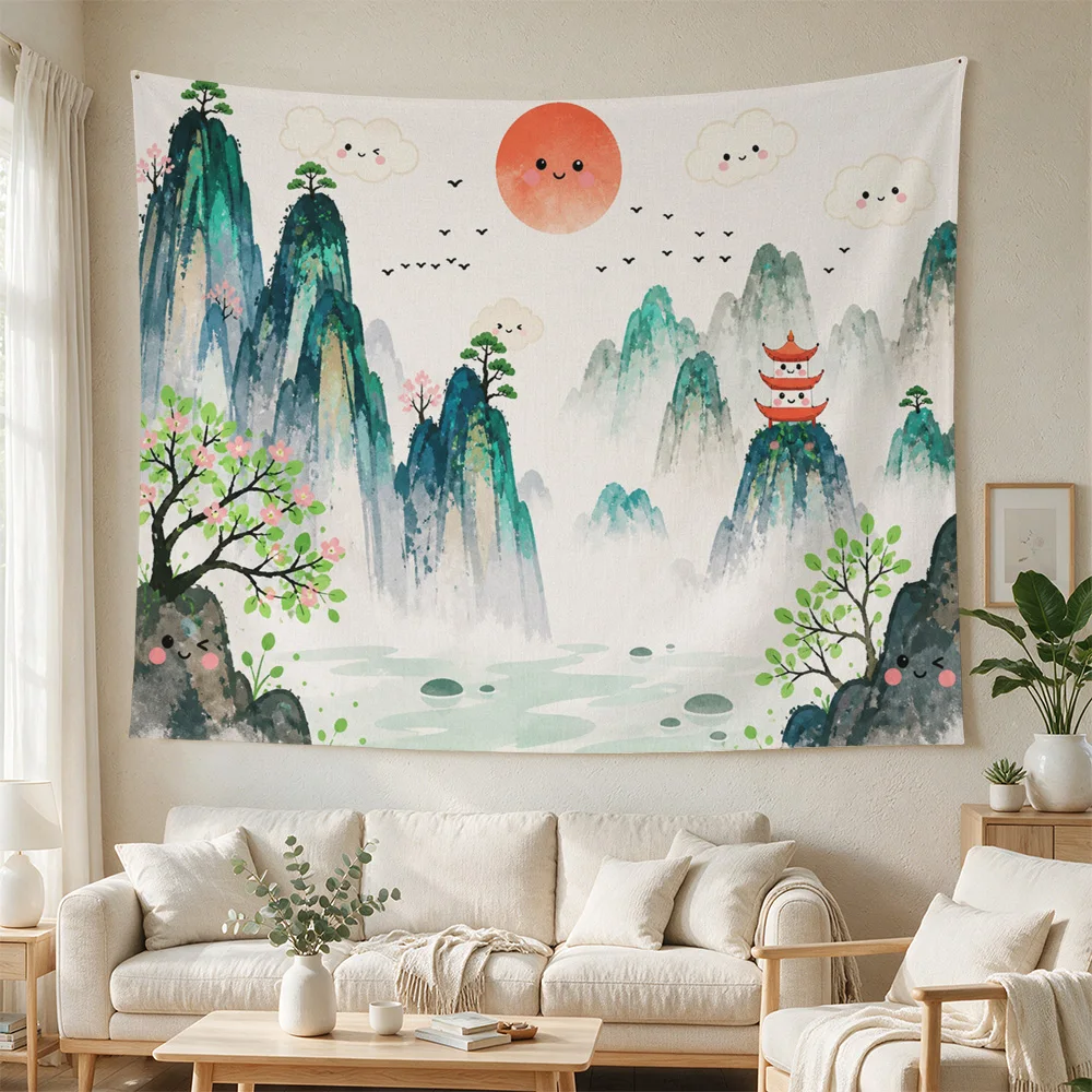 Watercolor Mountain Landscape Tapestry Boho Wall Hanging Art for Living Room Nursery Bedroom Decor