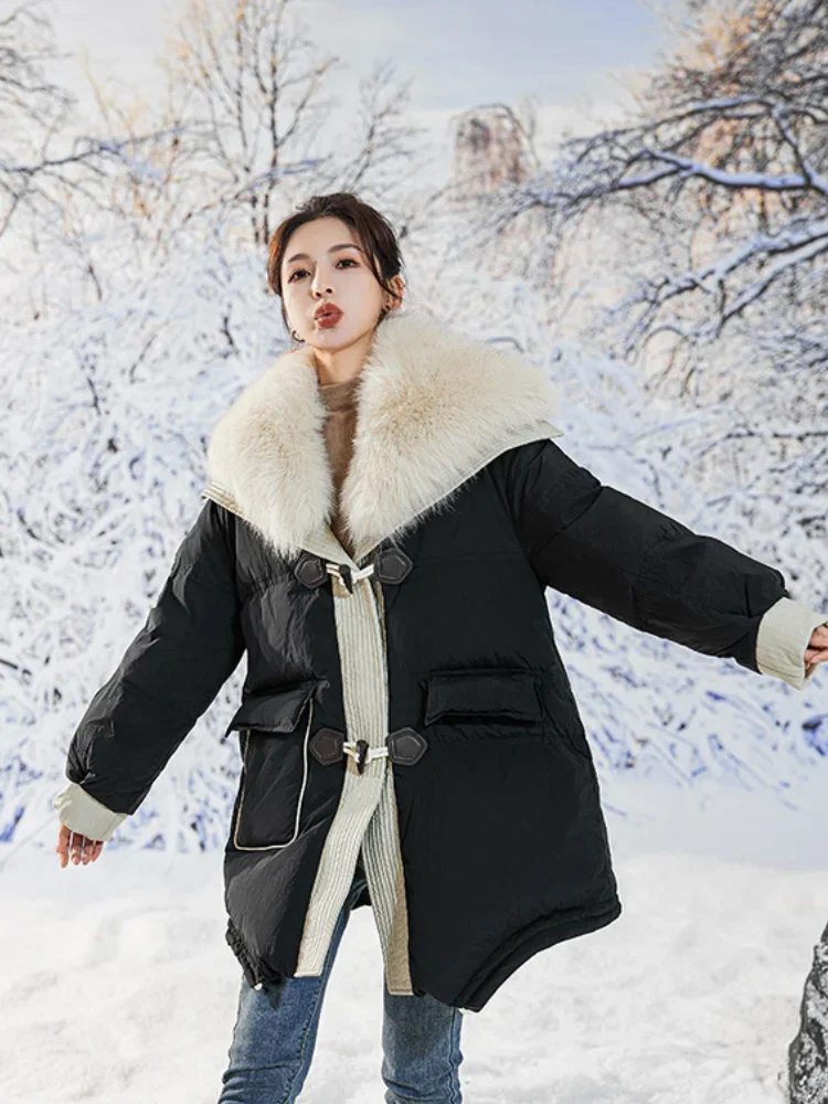 Winter Coat Female 2024 New Lady Jackets Down Cow Horn Buckle Retro Parker Lapel Fur Collar Thickened Snow Woman Coats Down