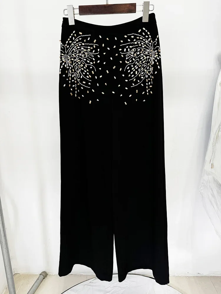 Festival Outfit Women 2024 New Fashion Lotus Leaf Sleeves with Hand Diamond Studded Beads Short Black Top Pants Set Outfits