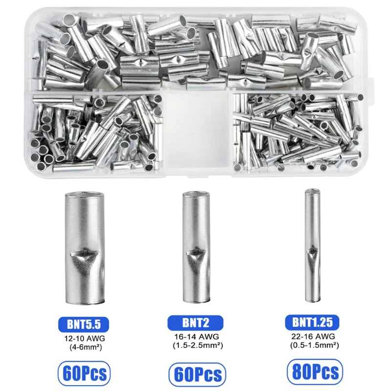 200pcs Butt Wire Connector AWG 22-10 Copper Tinned Splice Crimp Terminal Sleeve Bare Terminals Crimping Connectors Kit