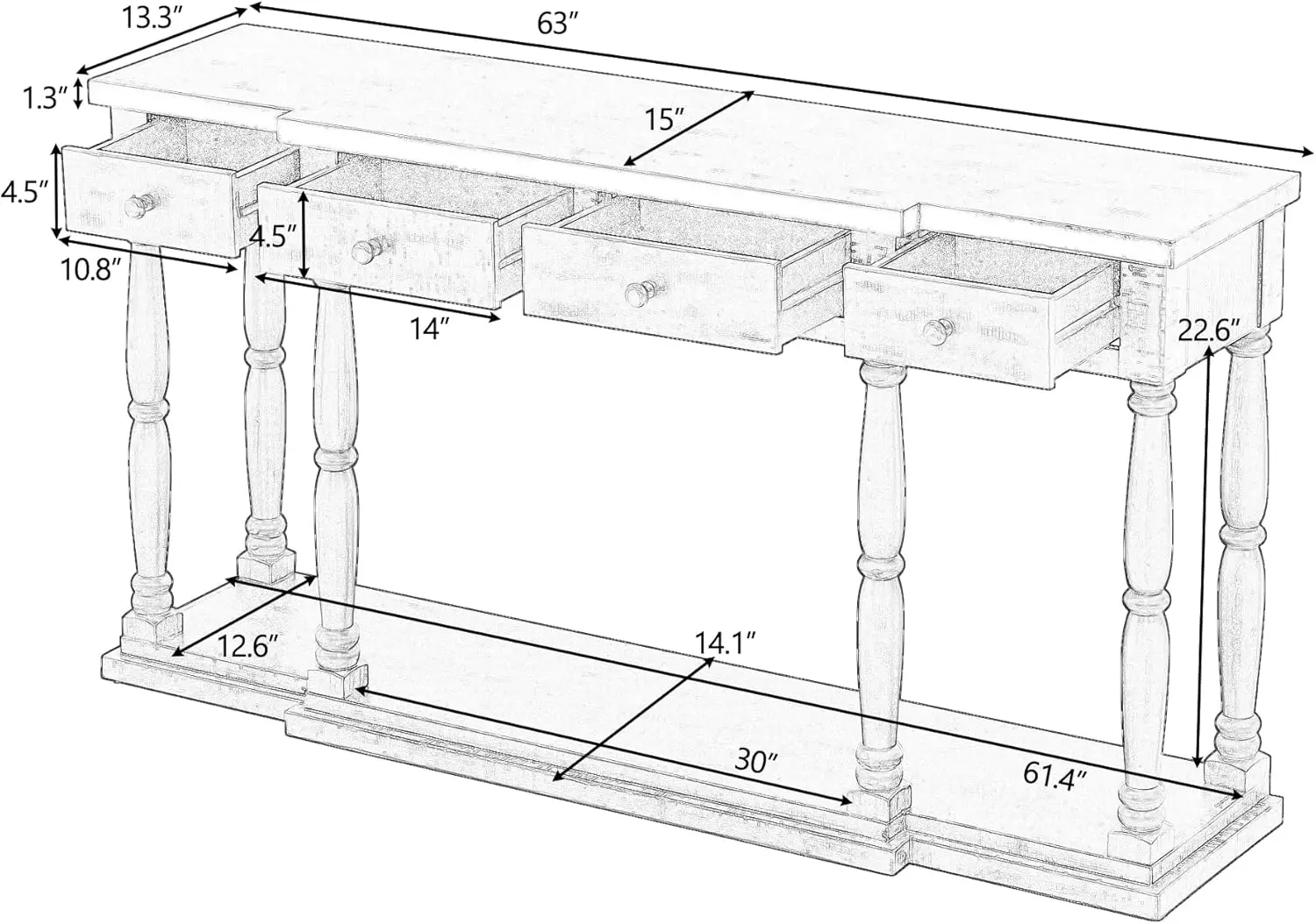 63" Rero Senior Console able  4 Fron Facing Sora Draers,ood Sideboard,ableop and 1 Shelf,for lay Living Roo