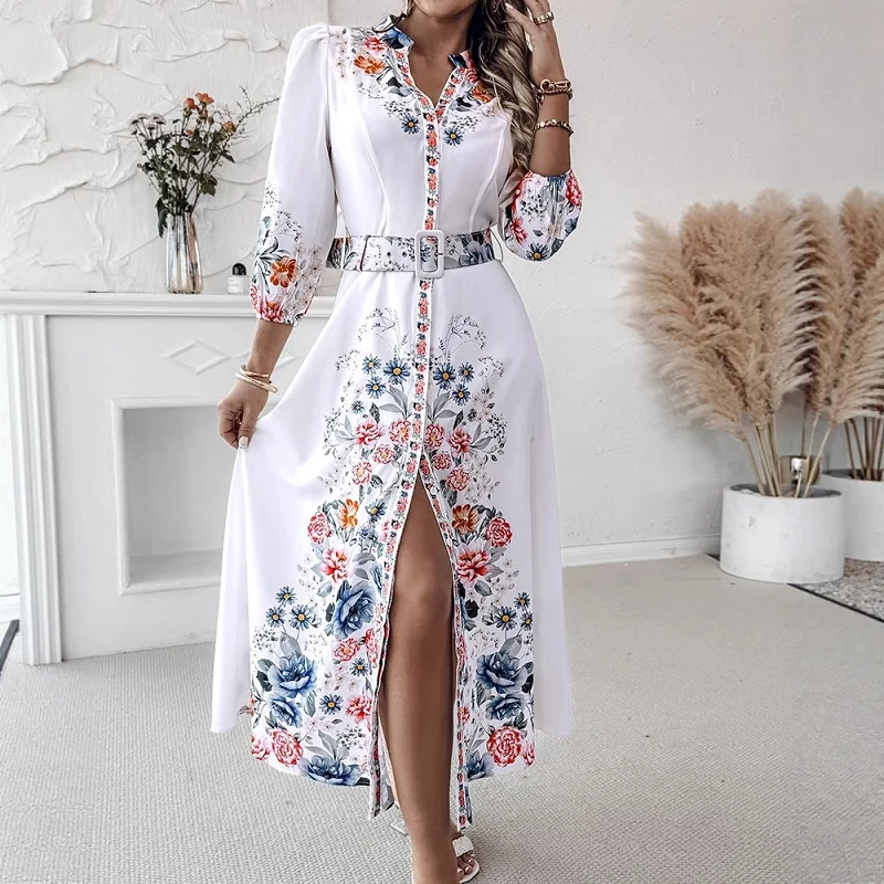 Vrouwen Mode Bloemenprint Knoppen Lange Jurk Casual 3/4 Mouw Slanke Bohe Feestjurk Zomer Elegante V-hals Lace-Up Shirt jurk