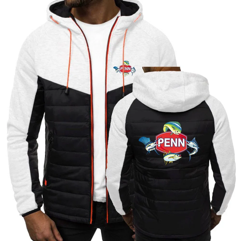 Veste en coton à capuche pour homme, logo de moulinet de pêche Penn, populaire, patchwork de documents solides, manteau chaud et confortable, printemps et automne 2024