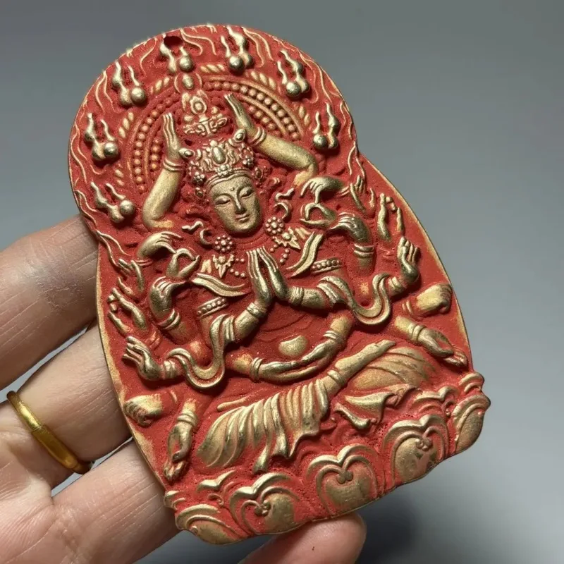 Vintage Buddhist Cinnabar Thousand‑Handed Guanyin Tablet Auspicious Blessing Altar Offering Ornament