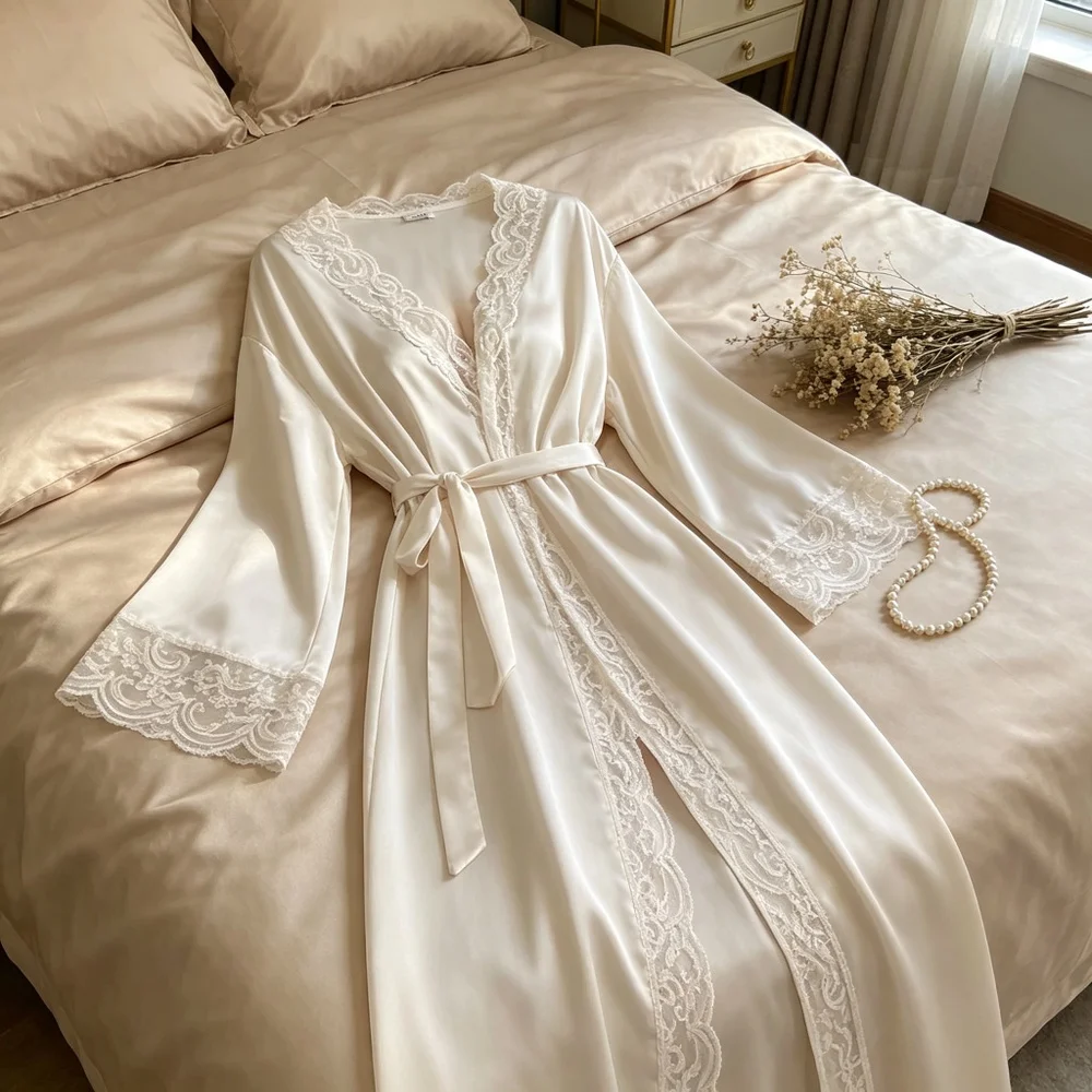Women Black Faux Silk Satin Long Robe Sexy Lace Trim V Neck Bathrobe Belted Nightgown Elegant Bridal Wedding Lingerie Sleepwear