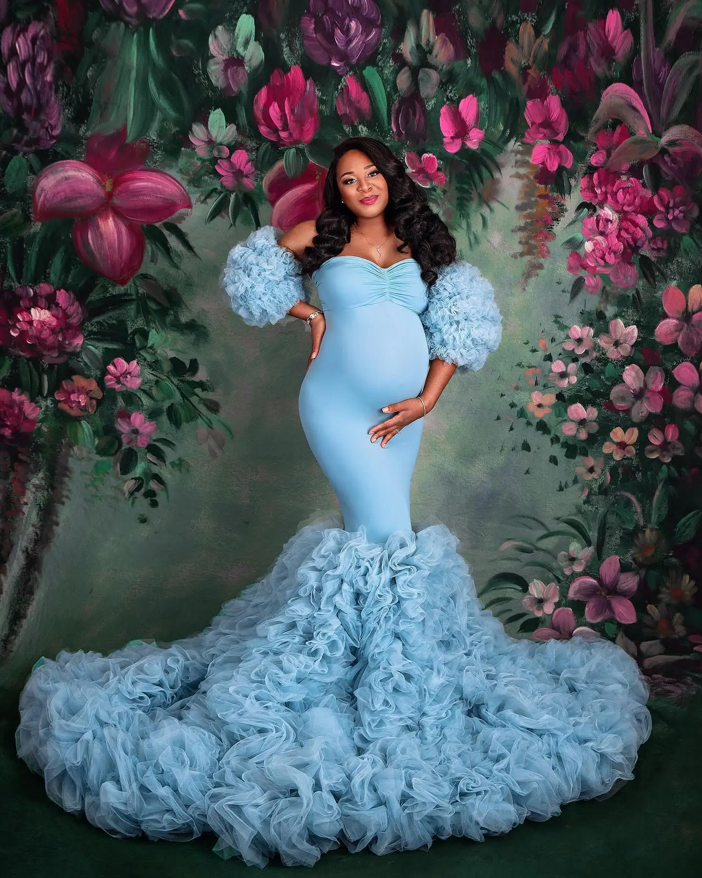 Extra Puffy Blue Maternity Robes for Photography Vintage Tiered Ruffles Women Pregnancy Dresses Off Shoulder Baby Shower Gowns