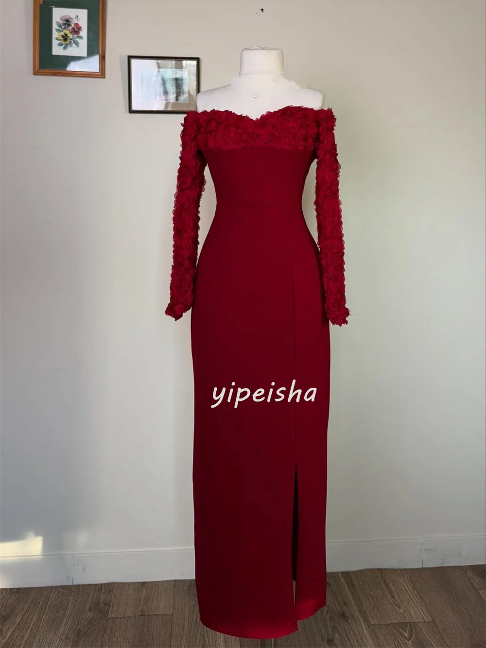 Customized High Quality Matching Jersey Handmade Flower Pleat Straight Strapless Long Dresses Bespoke Occasion Dresses Fashion