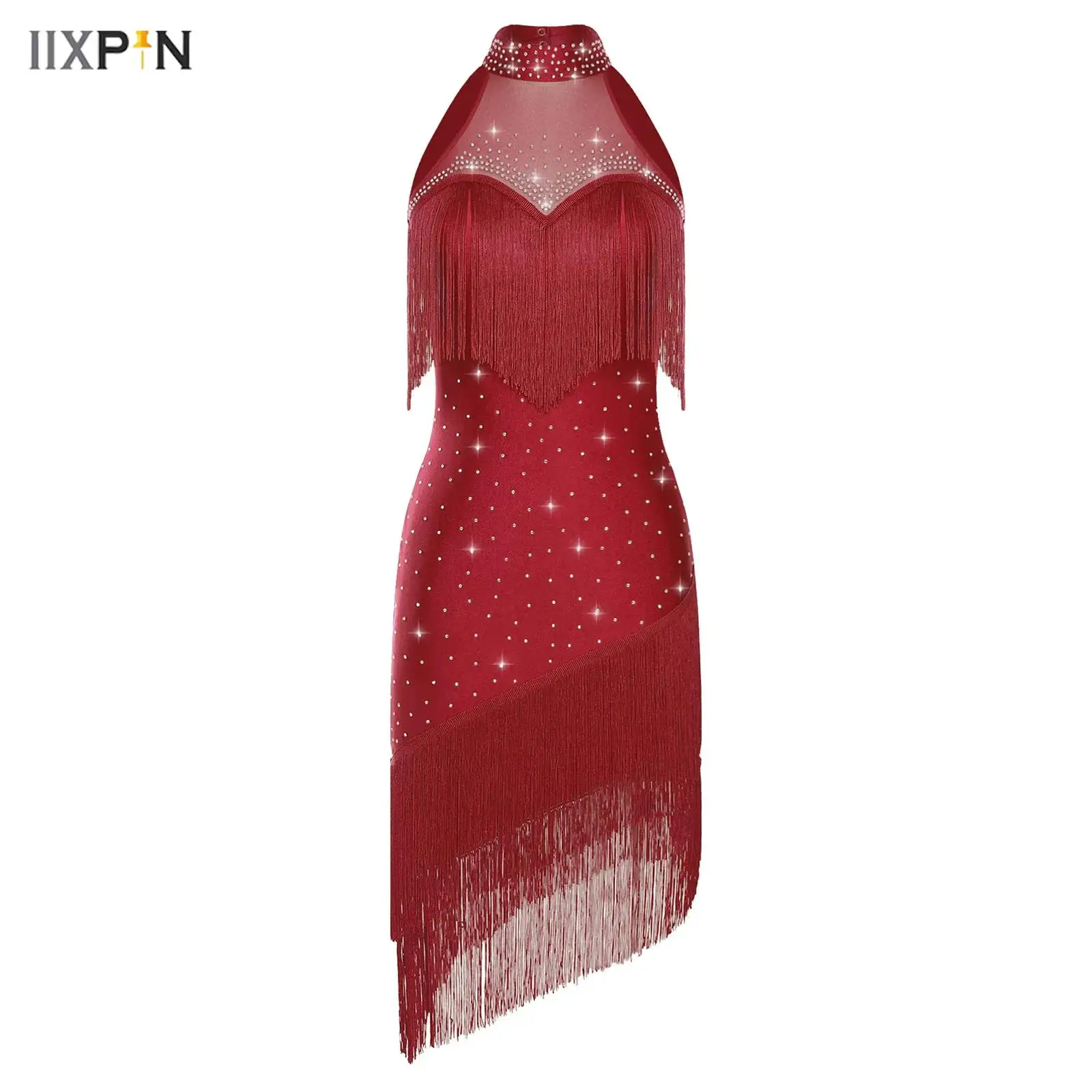 

Women Latin Tango Belly Dance Dress Halter Sleeveless Rhinestones Tassel Fringe Dress for Dance Classes Competitions Performance