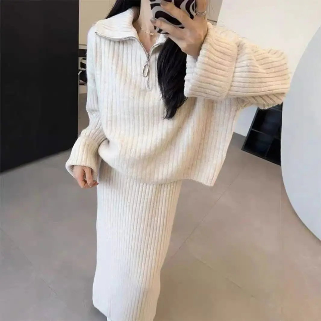 Women Two Piece Sets Skirt Set Turn Down Collar Full Sleeve Tops Long Skirts A Line High Waist Y2k Streetwear Elegant Autumn