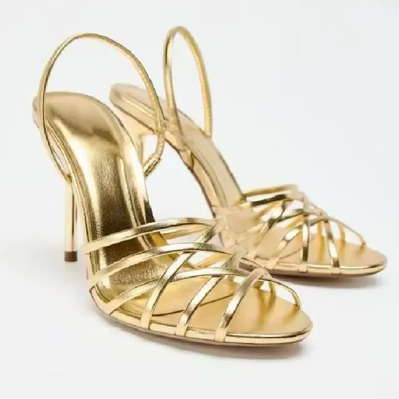 

Дизайнерские сандалии с узким ремешком, женские туфли-лодочки, новые летние золотые сексуальные женские туфли на высоком каблуке, роскошные брендовые банкетные свадебные модельные туфли, женские туфли