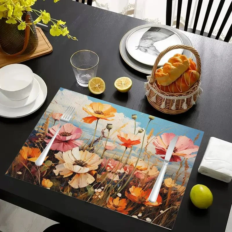 VIKAMA Placemat Country Flower Field Print, Waterproof Oil-Proof Heat-Resistant Woven Dining Table Mat for Home