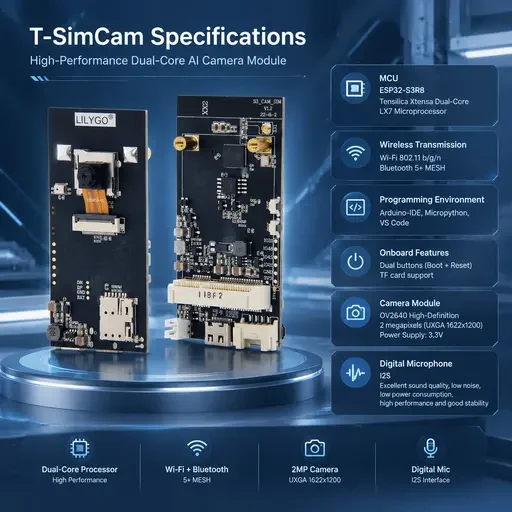 LILYGO T-SIMCAM ESP32-S3 CAM Board WiFi BLE5.0 OV2640/OV5640 Camera 8MB PSRAM 16MB Flash TF Card & I2S Microphone
