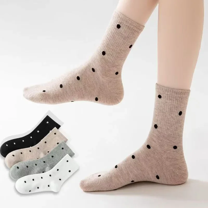 

4 Pairs 1 Lot Socks Women's Four Seasons Pile Socks Mid-Tube Polka Dot Solid Color Loose Mouth Cute Kawaii Girls Casual Comfort