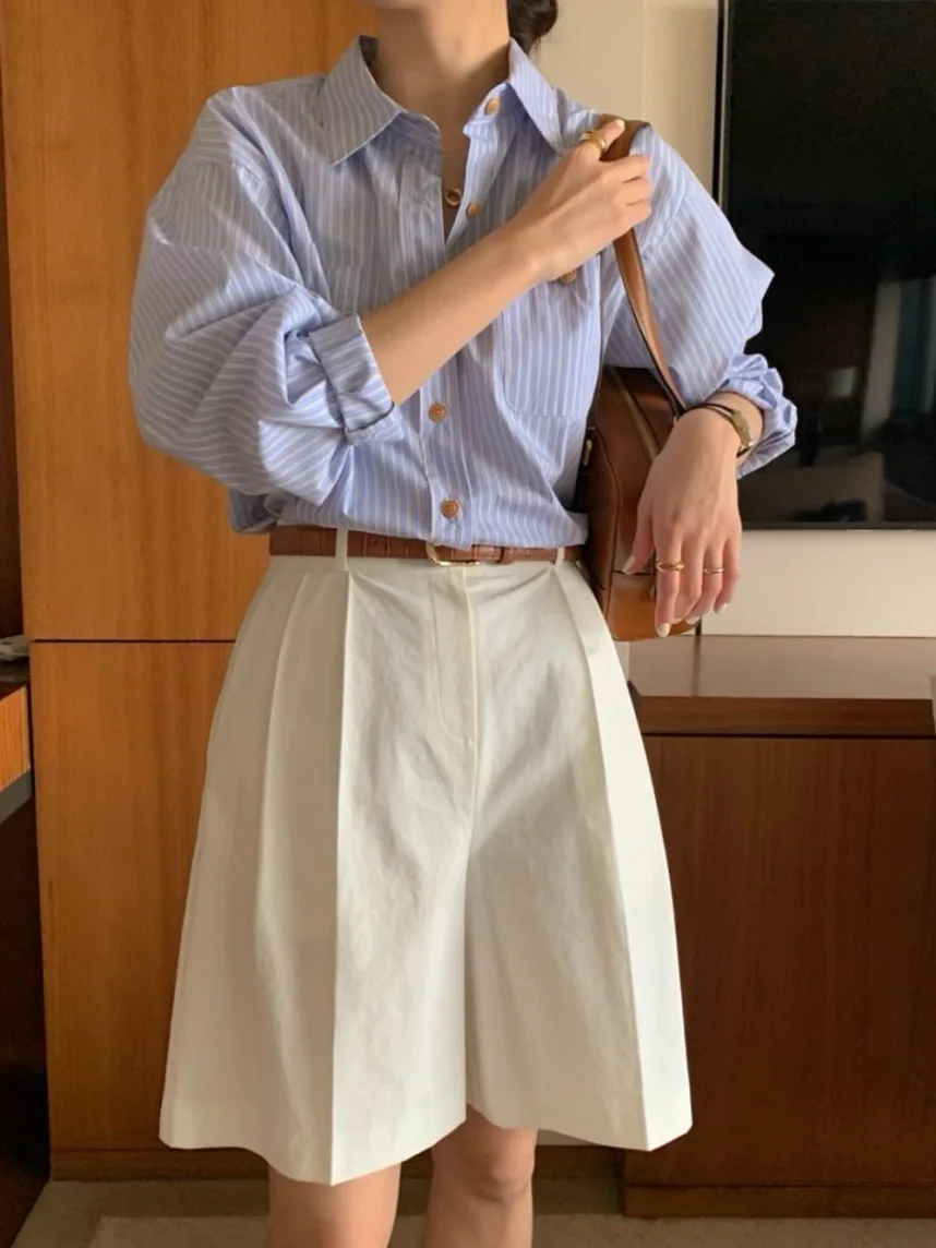 Retro a righe casual irt da donna inizio autunno nuovo allentato versatile fidanzato Sle Ele Top versione coreana pendolari Sle