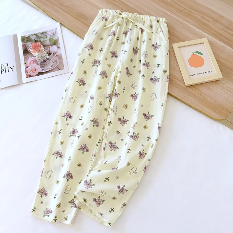 Pantalones de dormir 2024 de algodón para mujer, pantalón largo de gasa de doble capa, fino, holgado, para el hogar, novedad de Primavera/Verano 100%