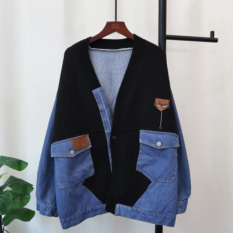 

2025 Fashion Loose Coat Autumn Winter Sweater Outerwear Lady Casual Jean Jackets Denim Stitching Knitted Cardigan Jacket Women's