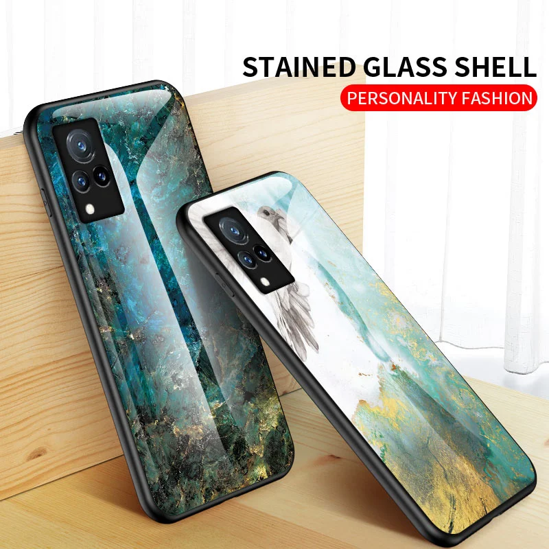 Vivo V21 5G V2050 Case Marble Grain Tempered Glass Hard Cover Back Phone Case Silicone Bumper for vivo V21 VivoV21 5G V2050