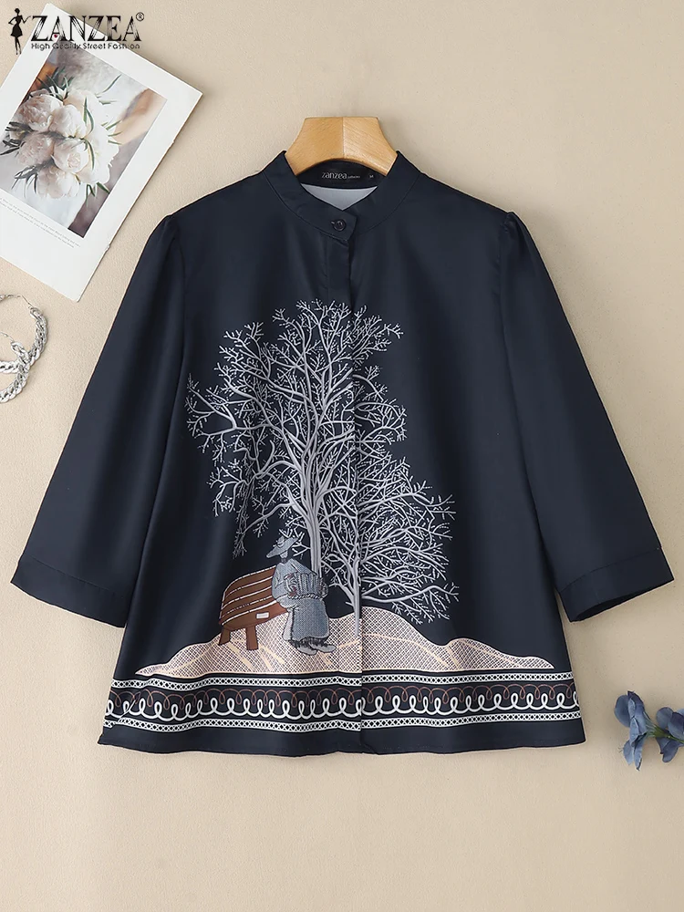 

Vintage Printed Shirts ZANZEA Women Autumn Blouse Long Sleeeve Tops Elegant Stand Neck Work Shirt Casual Buttons Up Blusas Femme
