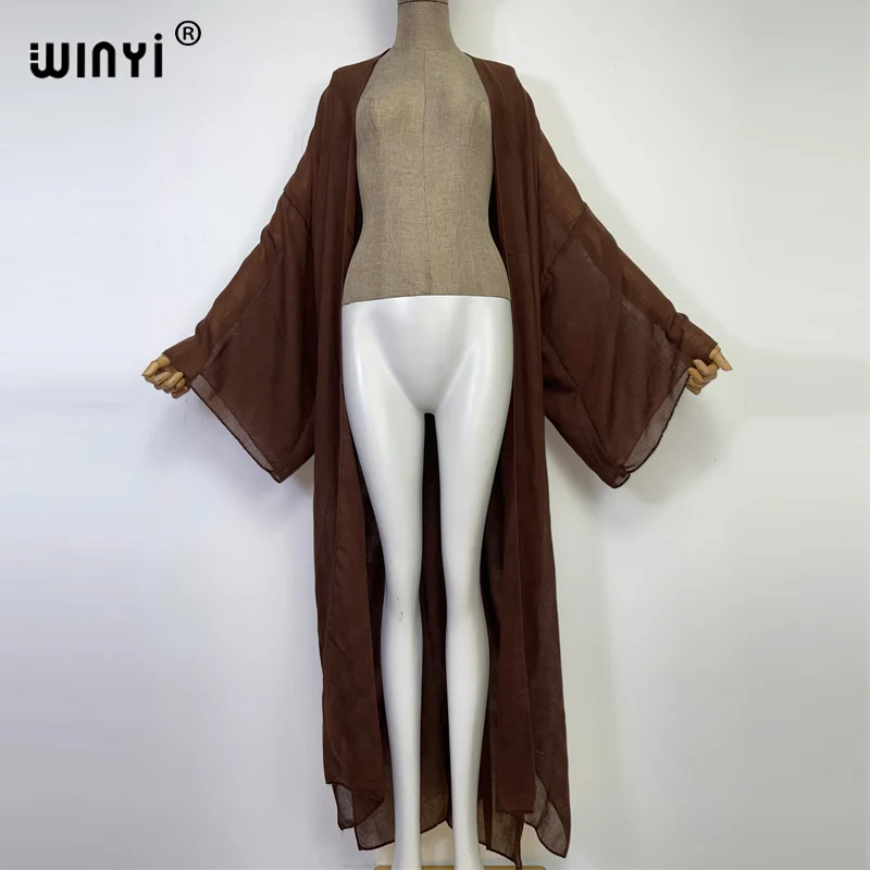 WINYI Solid color hollow design strój kąpielowy na plażę elegancki afrykański sweter damski Boho seksowna sukienka z długim rękawem Kimono