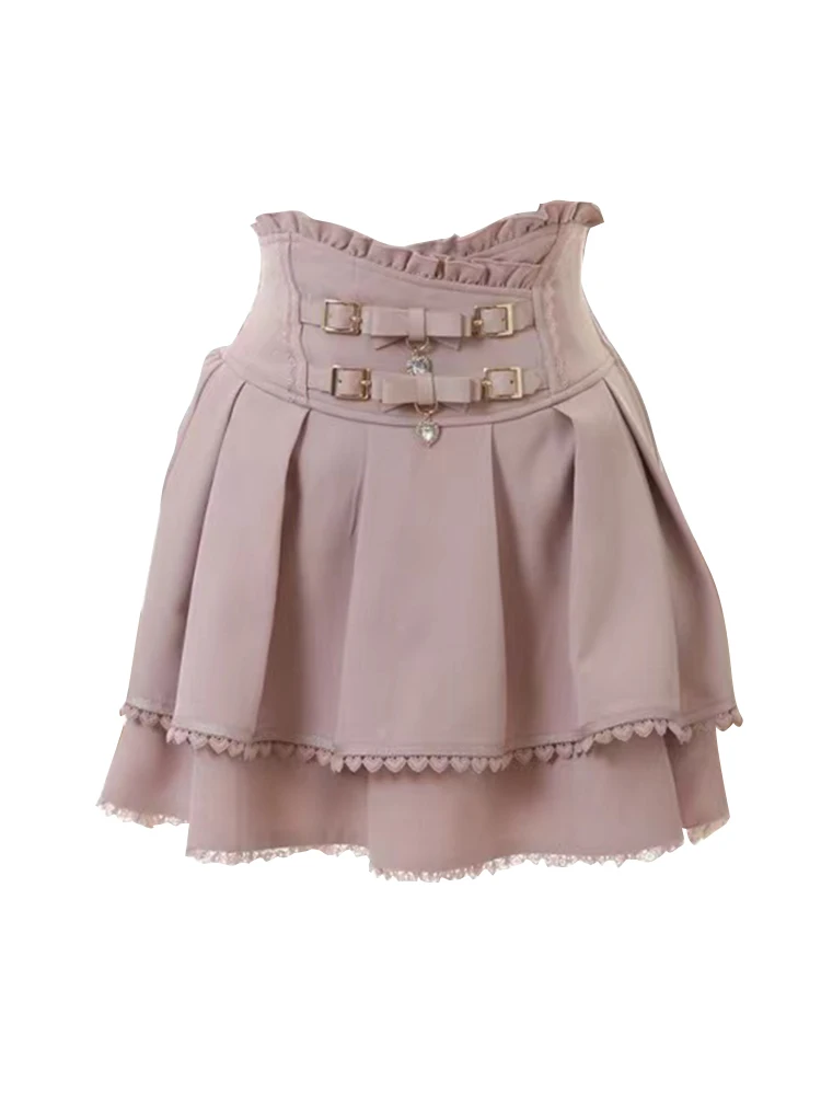 

High Waist Leather Skirt Double Knot Fastening Slimming Effect Japanese Sle Quanti Production pe A-Line Skirt