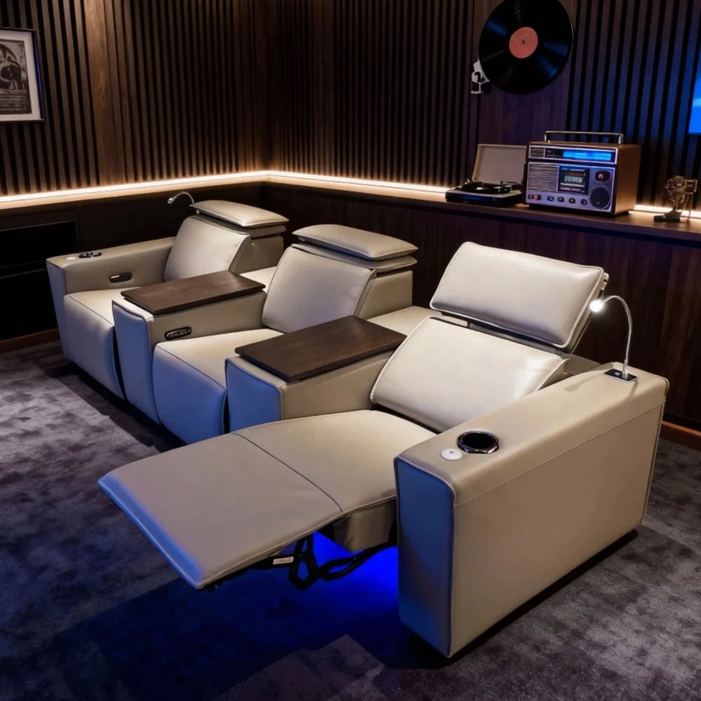Modern Extendable Home Theater Set Electric Genuine Leather Recliner Sofa VIP Headrest USB Charging Remote Control Cinema