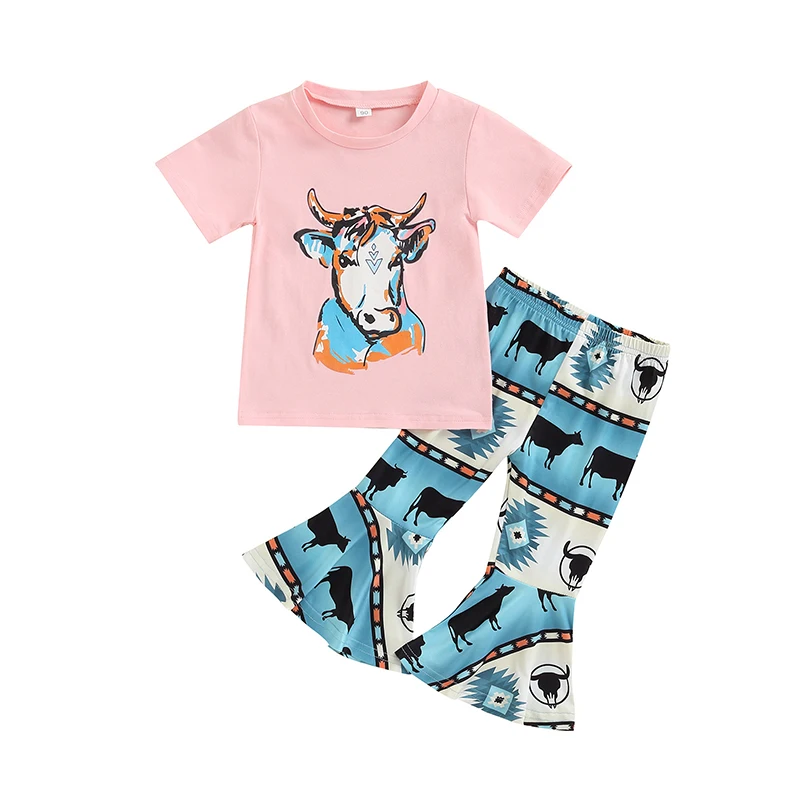 

Toddler Bell Bottoms Western Baby Girl Clothes Cow Print Baby Sweatshirt Pullover Top Flare Pants Fall Outfits