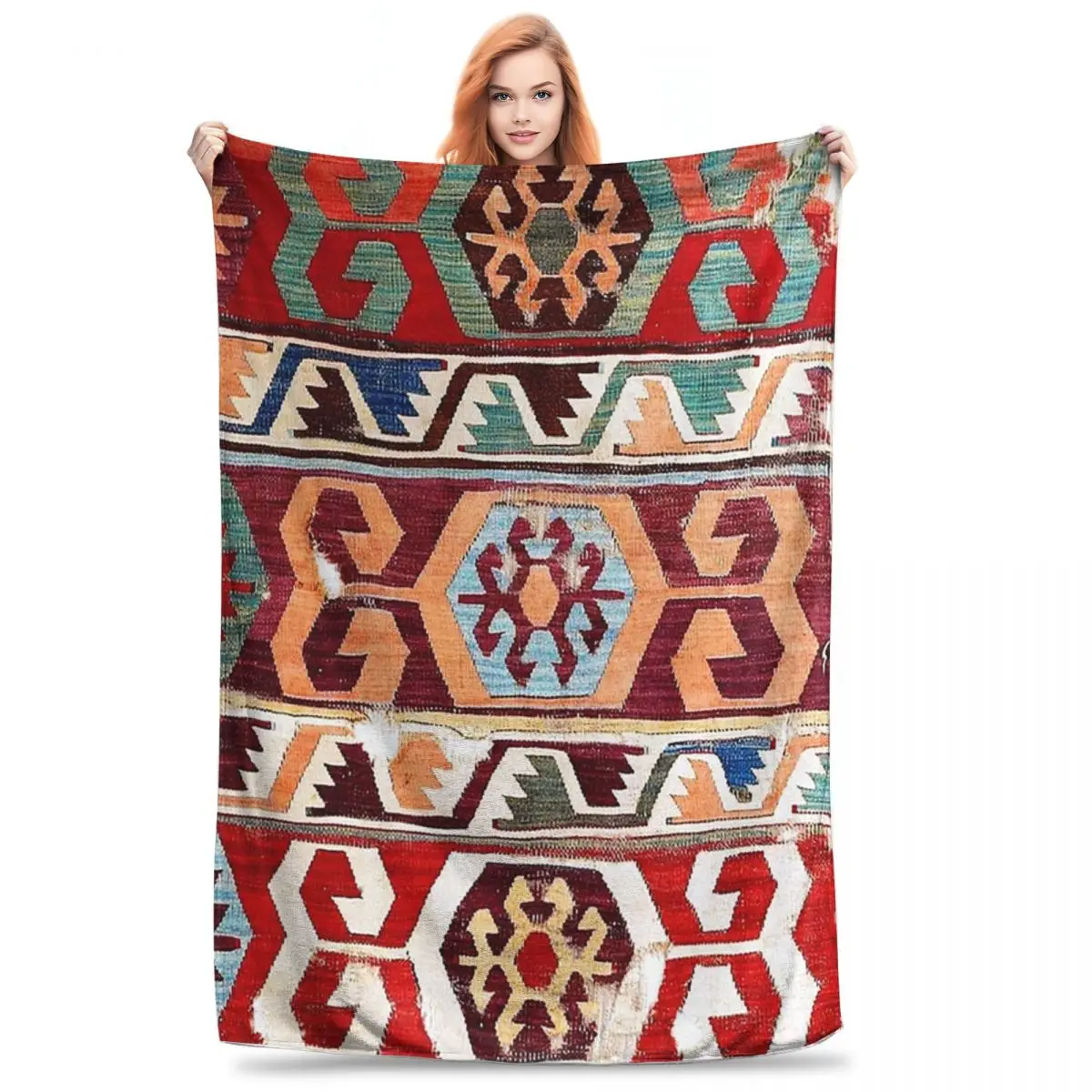 Konya 18th Century Central Anatolian Kilim Print Blankets Flannel Super Soft Sofa Throw Blankets For Couch Travel Bedspread