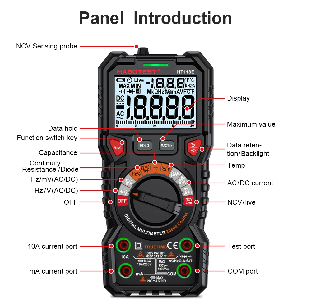 HABOTEST Digital Multimeter Professional Ture RMS Auto Range NCV Hz 1000V 6000 Counts Capacitance Ohm Diode Multimetro Tester