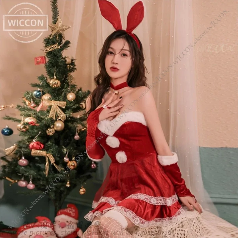 

COSda@Sexy Christmas Dress Bunny Costume Red Christmas Themed Suit Dress Headband Gloves Collar Invisible Straps Pants Socks Chr