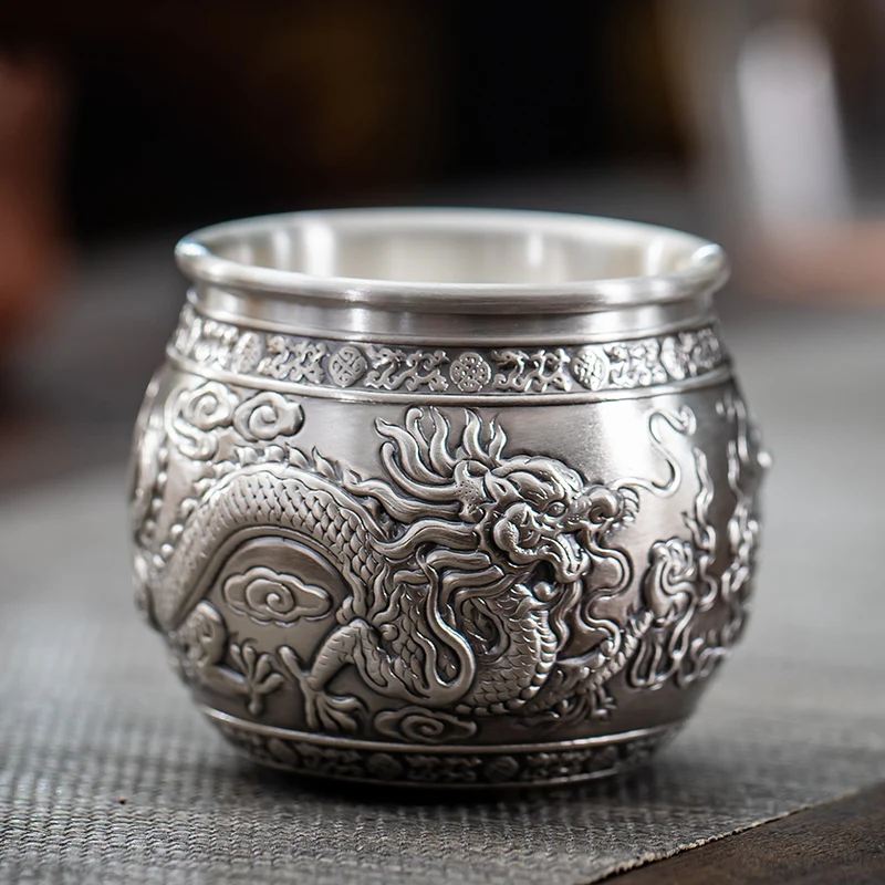 

|Silver Dragon and Phoenix Master Cup health Yunnan snowflake full silver tea cup Handmade Large anti scalding tea cup