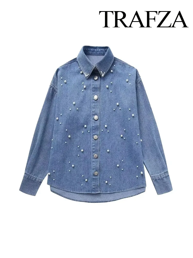 TRAFZA 2024 donna autunno Faux Pearl Denim Shirt Top donna moda maniche lunghe monopetto Casual camicia allentata