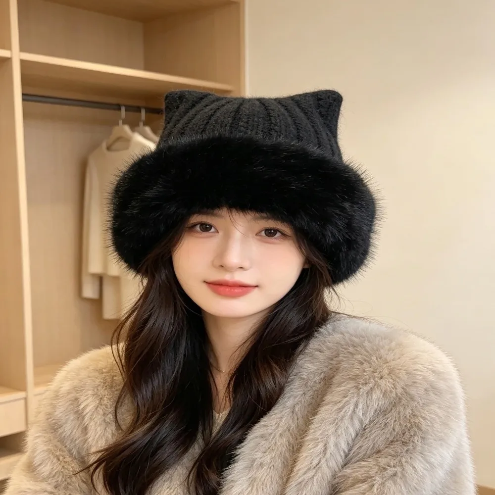Polyester Fuzzy Knitted Bucket Hat 56cm To 60cm Head Circumference Earflap Cat Ear Bucket Beanie Faux Fur Brim Faux Fur Brim Hat