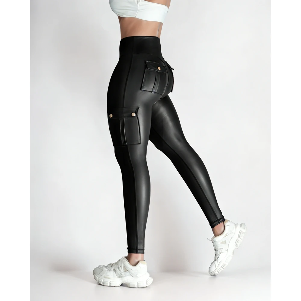 Sexy Cargo Pockets Faux Leather Leggings for Women Shaping High Waist Slimming Exercise Pants Running Yoga Sports Christmas Gift - Image 5