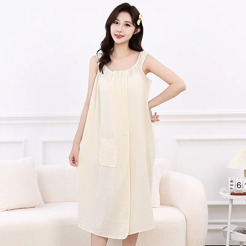 Women's Cotton Bubble Gauze Bath Skirt Robe with Buttons And Pocket Absorbent Quick-Dry Wearable Shower Wrap for Home Vacation