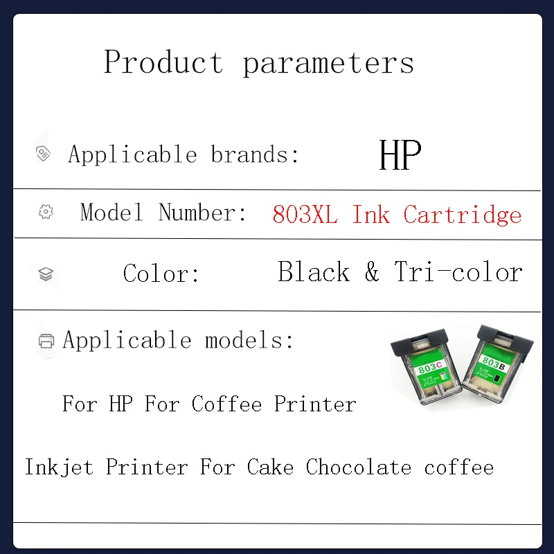 Vilaxh HP803 803XL 카트리지 HP 803 컬러 커피 프린터 용 케이크 초콜릿 커피 리필 가능 Edibel 잉크 카트리지 용