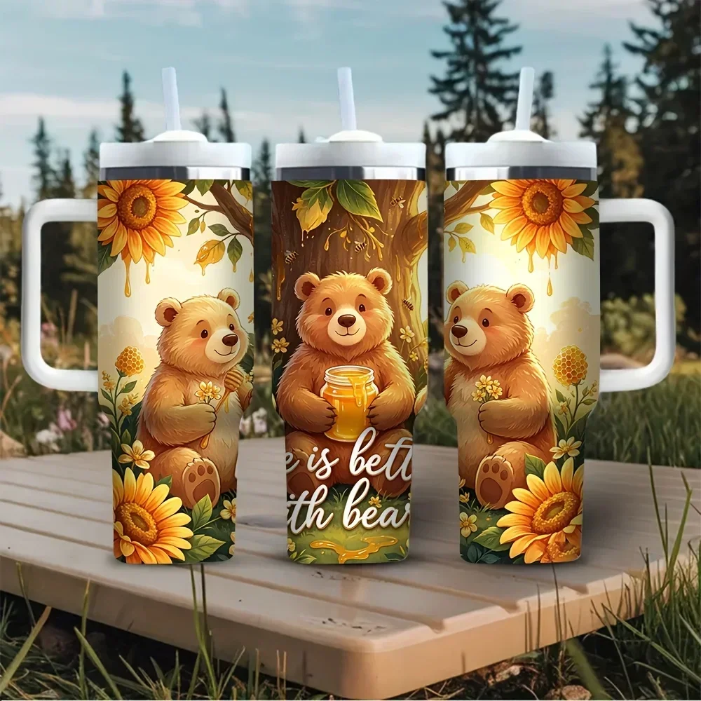 Cute Bear Sunflower Print 40oz Tumbler with Handle, Suitable for Everyone, Ideal for Daily Use, Outdoor Trips, Camping And Travel, Works Great for Both Hot And Cold Drinks