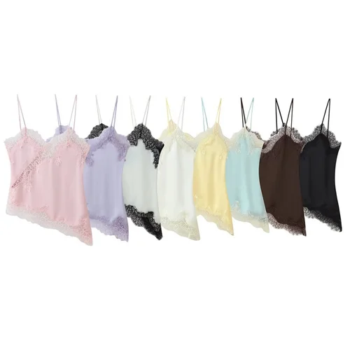 Imagen 2 del producto Camisola corta de retazos de encaje para mujer, Tops sexys con espalda descubierta, Top sin mangas con tirantes para mujer, Top de playa para mujer