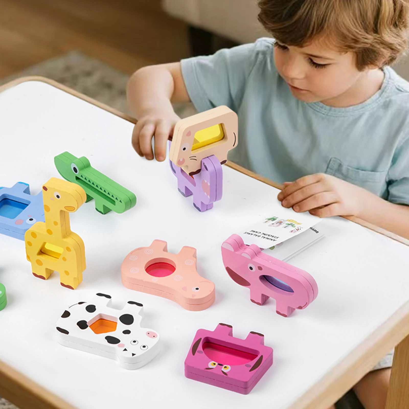 Wooden Animal Blocks Stacking Balance Game 10 Pcs Multicolor Acrylic Windows