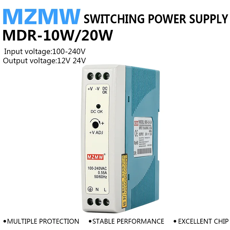 10W 20W DIN Rail Switching Power Supply MDR Series 5V 12V 24V 110V/220v AC To DC Industrial Stabilizer Transformer