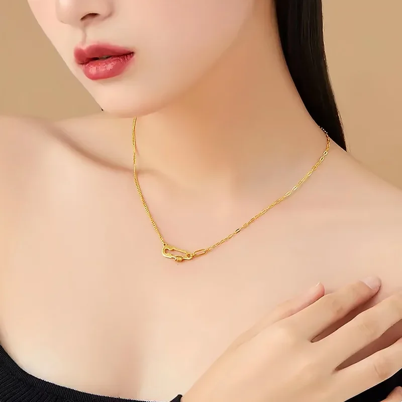 9999 Real Gold 24K Niche Design Versatile Pin Collarbone Chain Women's Pin Necklace