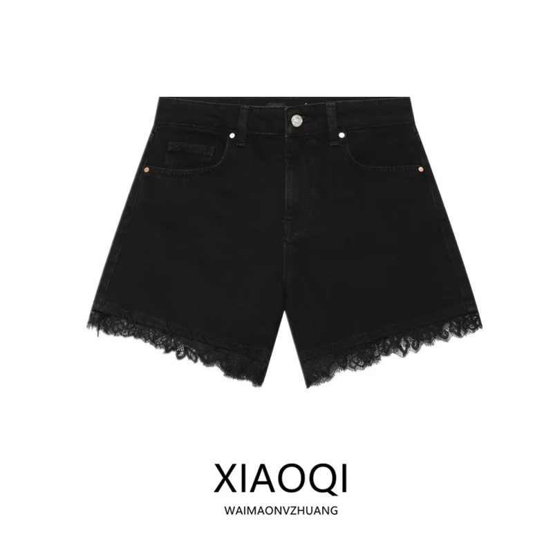 

High Waist Lace Hem Denim Shorts Women's Fashion Summer New Arrival Versatile Lace Trimmed Shorts Stylish Slim Fit Jeans