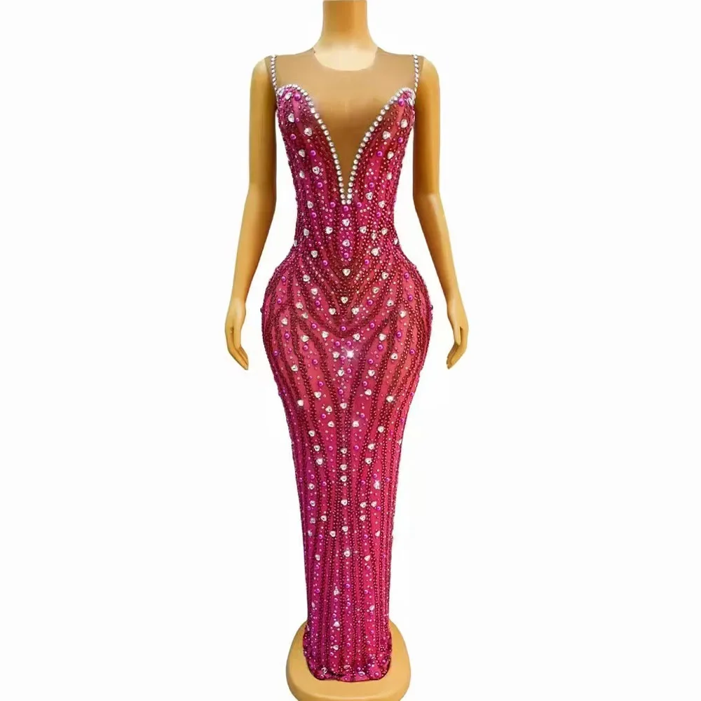 

Birthday Evening Celebrate Costume Dance Birthday Party Show Evening Dress Sexy Stage Rose Rhinetones Pearls Sleeveless Dress